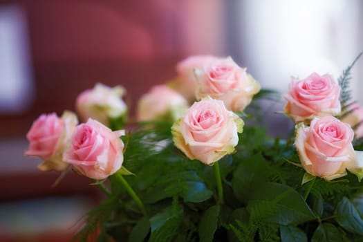Closeup of bouquet of pink roses, nature and leaves with flowers, gift and celebration with romance or friendship. Plant, botanical and love with symbol of affection, natural and floral with blossom.