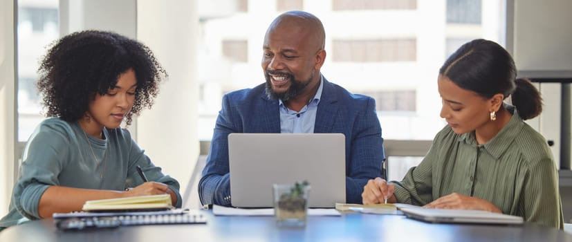 Business people in meeting, collaboration with laptop and notebook for notes, ideas and project strategy in workplace. Diversity, corporate team and productivity with man and women planning agenda.