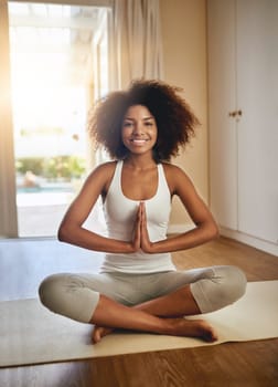 Happy woman, meditation and portrait smile for zen workout, spiritual wellness or exercise on mat at home. Female yogi smiling for calm meditating, exercising or mental wellbeing for healthy body.