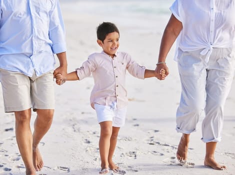 Holding hands, beach or parents walking with a happy child for a holiday vacation together with happiness. Travel, mother and father playing or enjoying family time with a young boy or kid in summer.