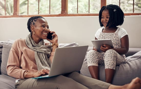 Black family, freelance call and kid smile with tablet and mom on a computer with remote work. Happy, child app and home of a girl with mama in a conversation and communication from freelancer job.