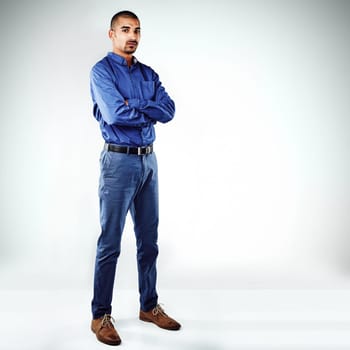 The only person you can completely count on is yourself. a young businessman posing against a grey background