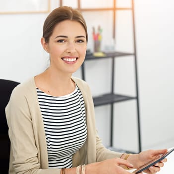 Smile, portrait and woman with tablet, designer or creative in startup company. Face, entrepreneur and graphic design person from Canada with technology, pride or success mindset for business at work.