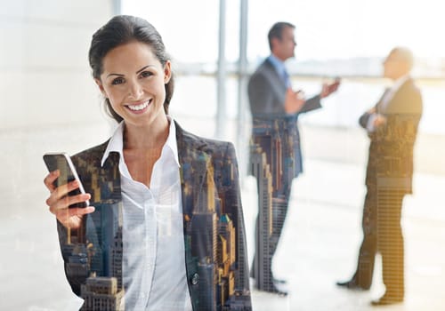 Phone, portrait and business woman with double exposure of city for corporate networking and online chat. Cellphone, happy news and social media on mobile with professional person in office overlay.