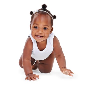Smile, crawl and African girl baby isolated on white background with playful happiness and growth. Learning, playing and development, happy face of black child crawling on floor on studio backdrop