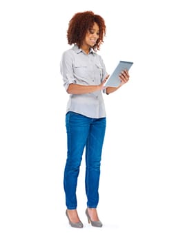 Isolated woman, texting and tablet in studio for social media app, contact and communication by white background. Young african lady, model and touchscreen for web design job, smile and connectivity.