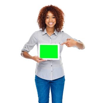 Woman, green screen tablet and gesture in studio for social media app, review and mockup by white background. Isolated african lady, model and portrait for web design job, space and smile for promo.