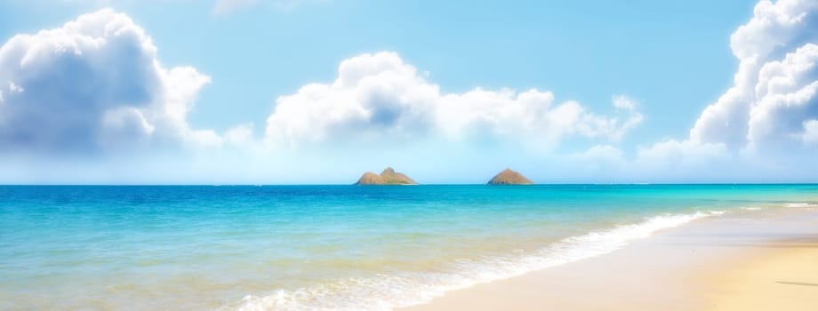 Water, beach and ocean landscape with clouds in the sky or travel to a tropical paradise, dream vacation or island holiday, Hawaii, summer wallpaper and relax in nature, sun and blue sea waves.