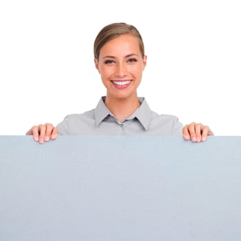 Happy woman, portrait and billboard for business advertising or marketing against a white studio background. Isolated female person with smile holding poster or sign for advertisement on mockup space.