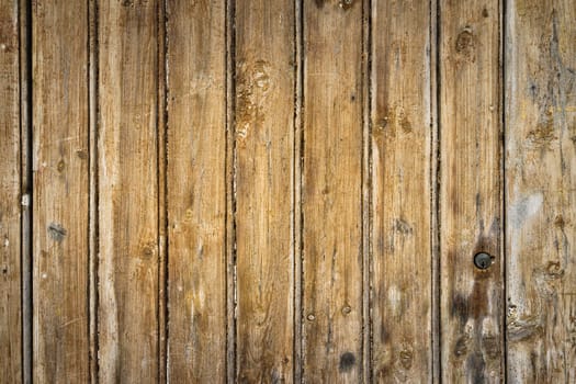 Detail of antique wooden door in brown tones with lots of texture with copy space. Concept for backgrounds and textures.