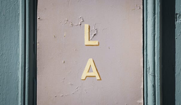 Detail of a door painted with colors and the capital letters L and A painted in golden tones.