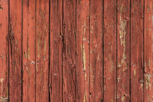 Detail of antique wooden door in red tones, with lots of texture and pickled paint. Concept for backgrounds and textures.