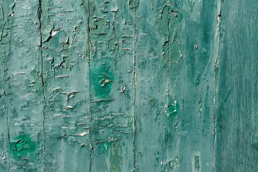 Old cyan blue wooden plank door with texture and part of the peeled paint. Concept for backgrounds and textures.