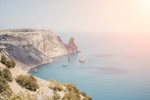 Aerial panoramic view of beautiful sunset above sea. Beautiful seascape. Sun glare, small waves on the water surface. Evening. Horizon. Nobody. No people. Copy space. Never-ending beauty of nature