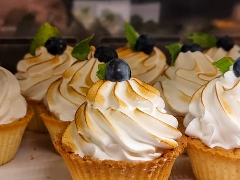 Mini cakes with berries and fruits close up. raspberry, blueberry and kiwi. delicious small tarts