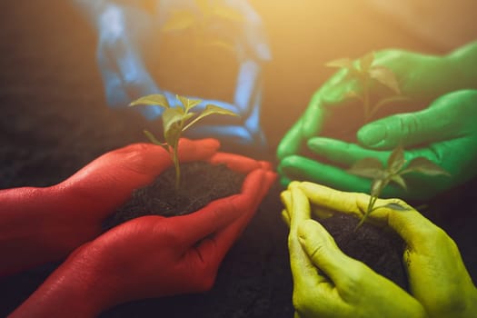 We need to keep together to make a change. unrecognizable people holding budding plants in their multi colored hands