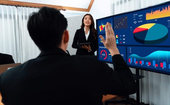 Harmony group businesspeople in meeting room during presentation with dashboard BI financial data displayed on screen, motivated employee raising hand asking question as productive teamwork concept.