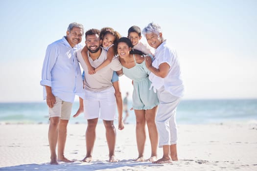 Big family, grandparents portrait or happy kids on beach to relax with siblings on fun holiday together. Dad, mom or children love bonding, smiling or relaxing with senior grandmother or grandfather.