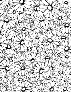 Flowers coloring spring and summer doodle ornament. Doodle coloring art with flowers and leaves black and white outline. Zentangle pattern for coloring book pages for adults and kids.