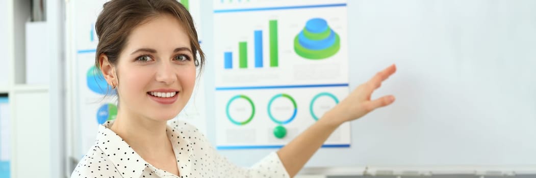 Portrait of smiling businesswoman consultant with financial charts on white board. Online briefing marketing and targeting concept