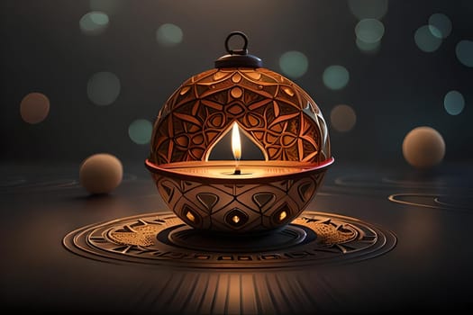 3D rendering indian lamp for diwali celebration on soft background ethereal. Colorful particle effects in the background. Gold filigree on a indian lamp. AI-generated Digital Art