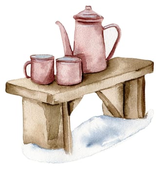 Teapot with cups on a bench in the snow. Watercolor hand drawn illustration. Winter holiday.