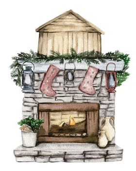 Fireplace with Christmas decor. Socks for sweets. Watercolor hand drawn illustration. Winter holiday.