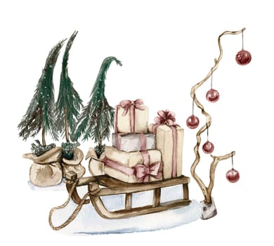 Christmas sled with gifts in the snow. Watercolor hand drawn illustration.