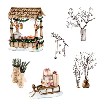 Watercolor winter elements. Christmas elements with a snow covered roof and light in windows hand drawn with watercolor . Watercolor illustration. Winter cottage.