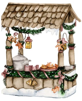 Christmas market with sweets in snow.Watercolor hand drawn illustration. Winter holiday.