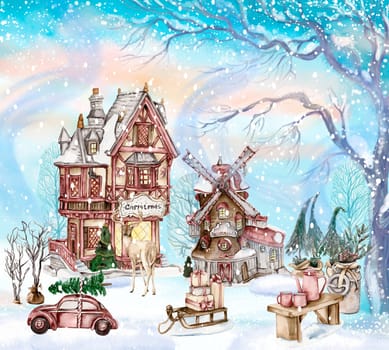 Composition of windmill , cottage in snow . Christmas elements. Watercolor illustration.