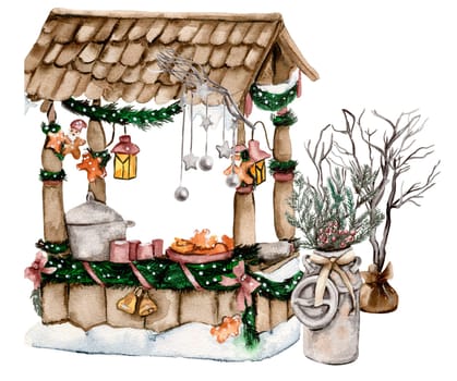 Christmas market with sweets in snow.Watercolor hand drawn illustration. Winter holiday.