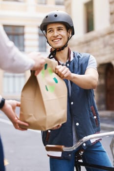 Man, delivery bicycle and smile with bag, order or e commerce for food, product or sustainable transport. Young guy, bike and cbd street for customer experience, chat or eco friendly at logistics job.