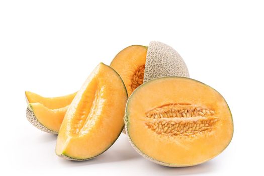 Beautiful tasty sliced juicy cantaloupe melon, muskmelon, rock melon isolated on white background, close up, clipping path, cut out.