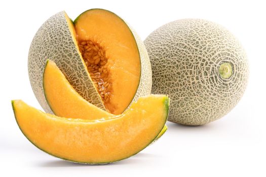 Beautiful tasty sliced juicy cantaloupe melon, muskmelon, rock melon isolated on white background, close up, clipping path, cut out.