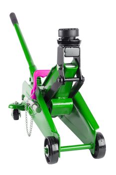 green hydraulic car jack isolated on white background, 2 ton capacity, rised up