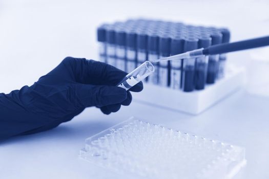 hands of a lab technician with a tube of blood sample and rack with other samples. lab technician holding blood tube sample for study