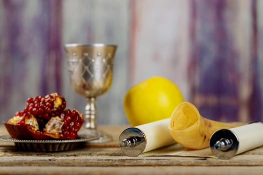 On the table on the synagogue are the symbols of Rosh hashanah Jewish New Year holiday