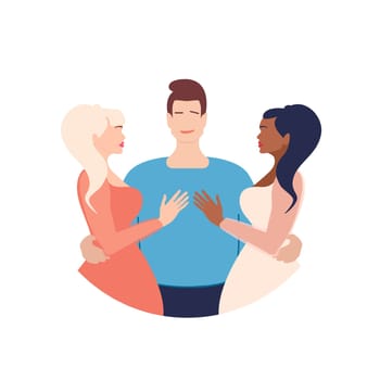 Polyamory in relationships.Polyamory.Open relationship. Polyamory conceptual illustration. A young guy embraces two beautiful girls. hug.illustration in a flat style.