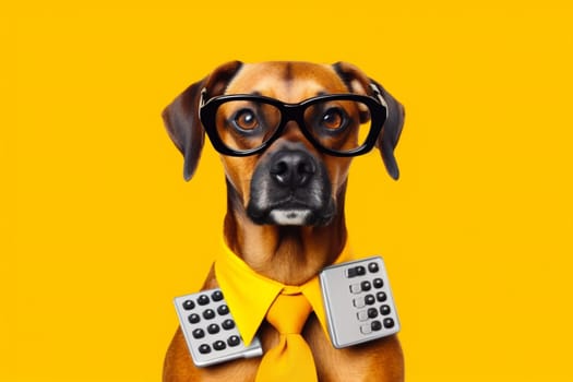 dog profit machine pet work accountant tax calculating yellow animal education background manager finance fun accounting technology success business humor funny financial. Generative AI.