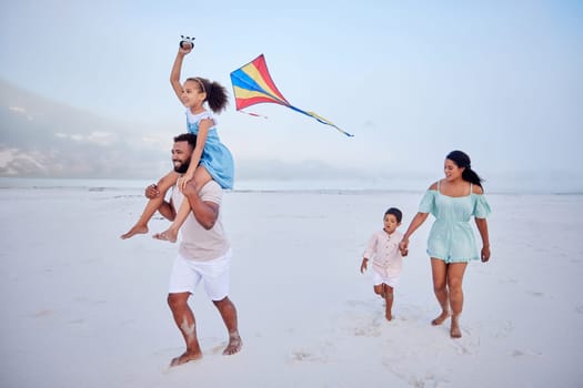 Kite, beach or parents running with happy kids on fun holiday vacation together with happiness. Smile, children siblings or mom playing with girl or boy on family time with father at sea in Mexico.