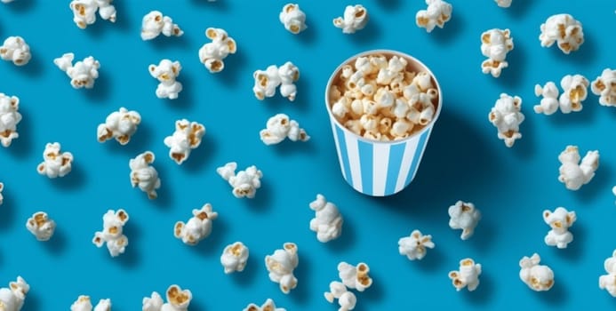 shot bucket blue box white space treat snack cinema full closeup background delicious art crunchy popcorn food food entertainment corn fast eat. Generative AI.