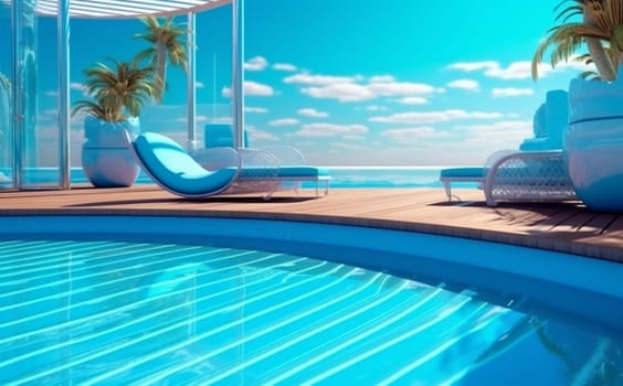 travel pool relax resort holiday modern shoot summer sky night swimming vacation luxury light lighting large architecture outdoors blue water. Generative AI.