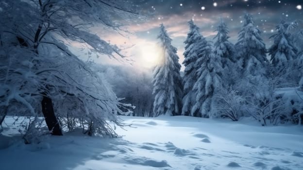 background snowfall weather white beautiful winter frame art fir poster tree snow holiday xmas year sky night forest star new christmas year. Generative AI.