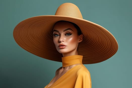 Portrait of a beautiful woman in a wide-brimmed hat. Studio photography Generative AI