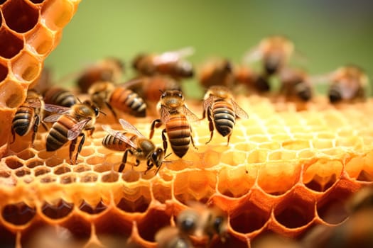 A family of bees collects honey in honeycombs. Generative AI