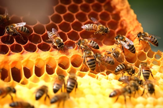 A family of bees collects honey in honeycombs. Generative AI