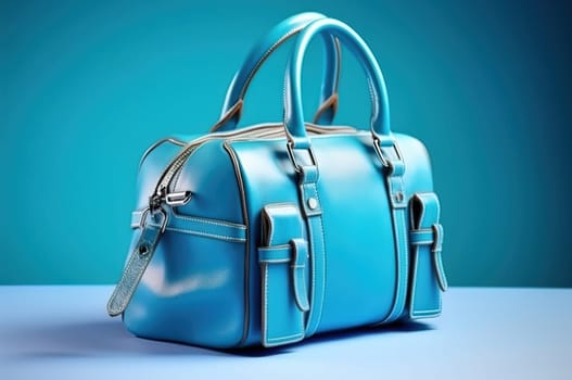 Fashionable, stylish, blue women's bag on a blue background. Design decision. Generative AI. High quality illustration