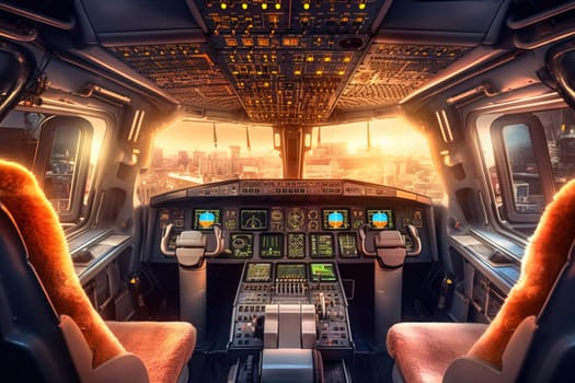 The cockpit of the aircraft pilot with the control panel. Generative AI. High quality illustration