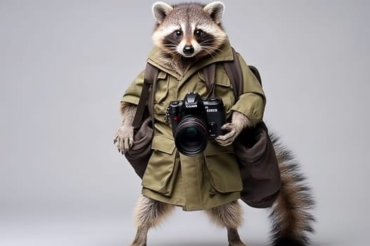 Photographer's raccoon in uniform on a neutral background. Generative AI. High quality illustration